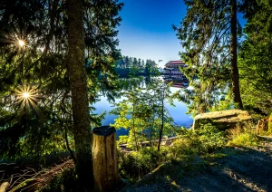 Gespiegelter Sonnenstern bei Sonnenaufgang am Mummelsee